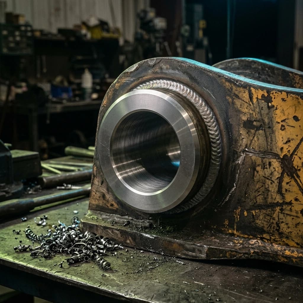 Excavator pivot housing line bored back to a true, round bore at the SOS Engineering workshop near Echuca